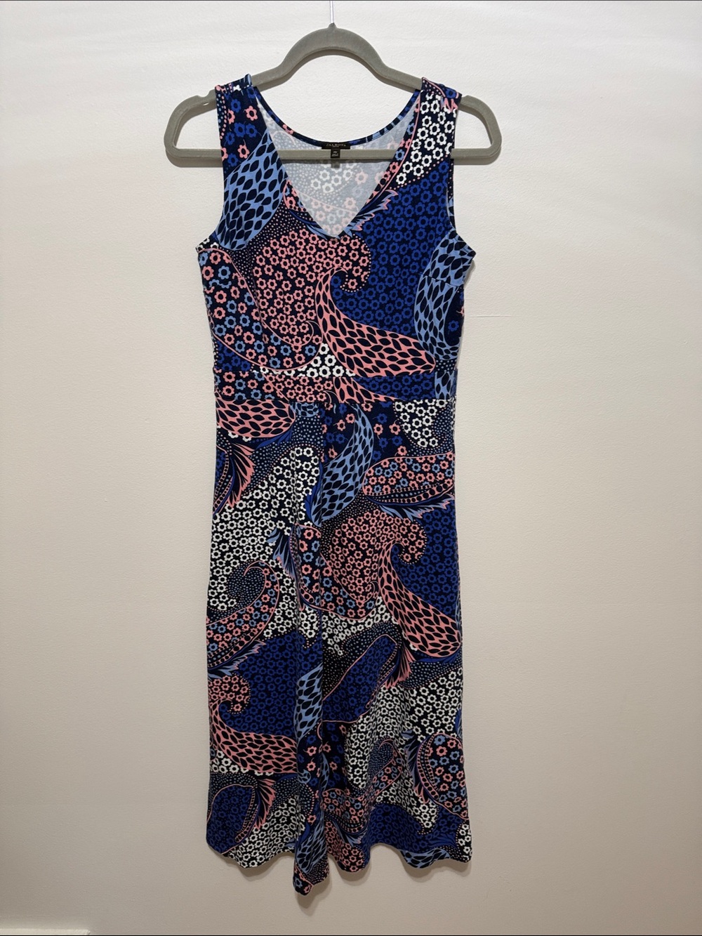 Talbots Navy and Pink Sleeveless V-Neck Printed Maxi Dress